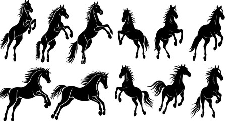 Modern silhouettes of dark wild horses and running horses isolated on a white background