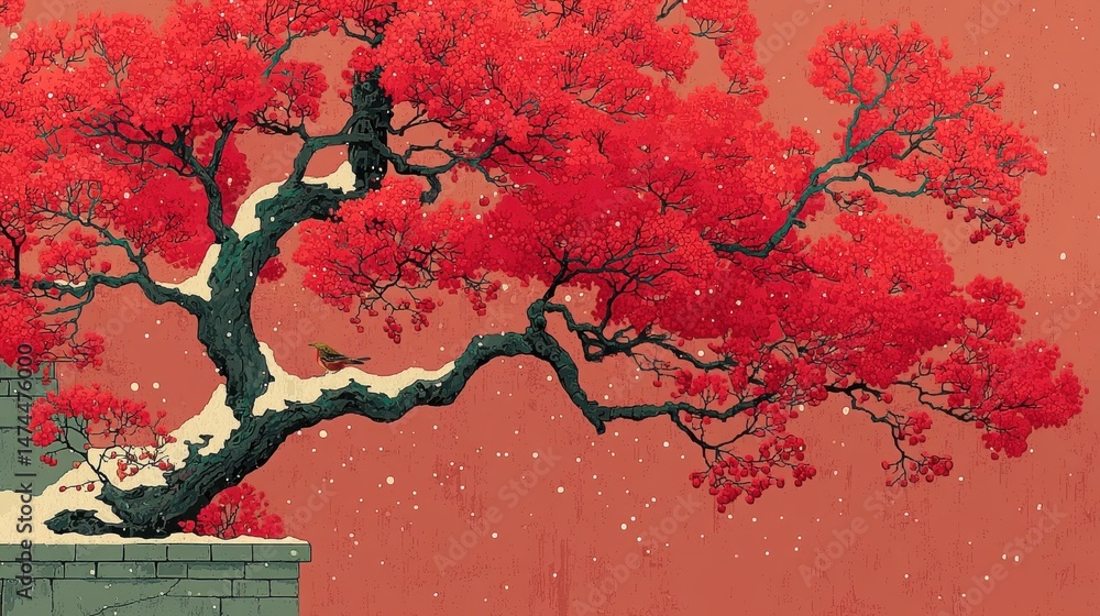 Poster a red background with snow and a tree with red berries.stock image
