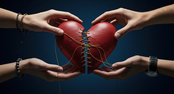 Healing concept with hands mending a broken heart in dark background