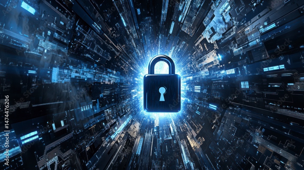 Poster abstract digital security concept with glowing padlock and data streams