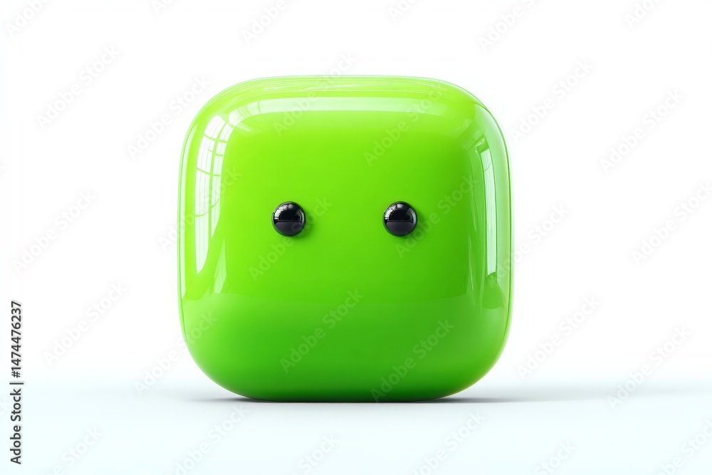 Poster Bright green square object with glossy texture and dark buttons displayed on a plain background in a well-lit environment