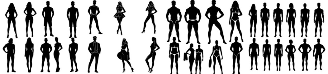 Modern silhouettes of business men and women are depicted in various poses, showcasing a set of professional individuals