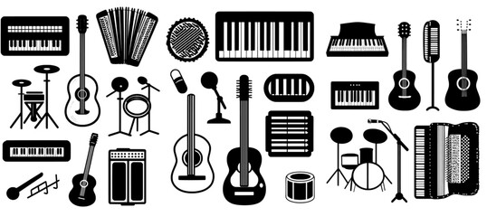Flat silhouettes of music instruments isolated on a white background