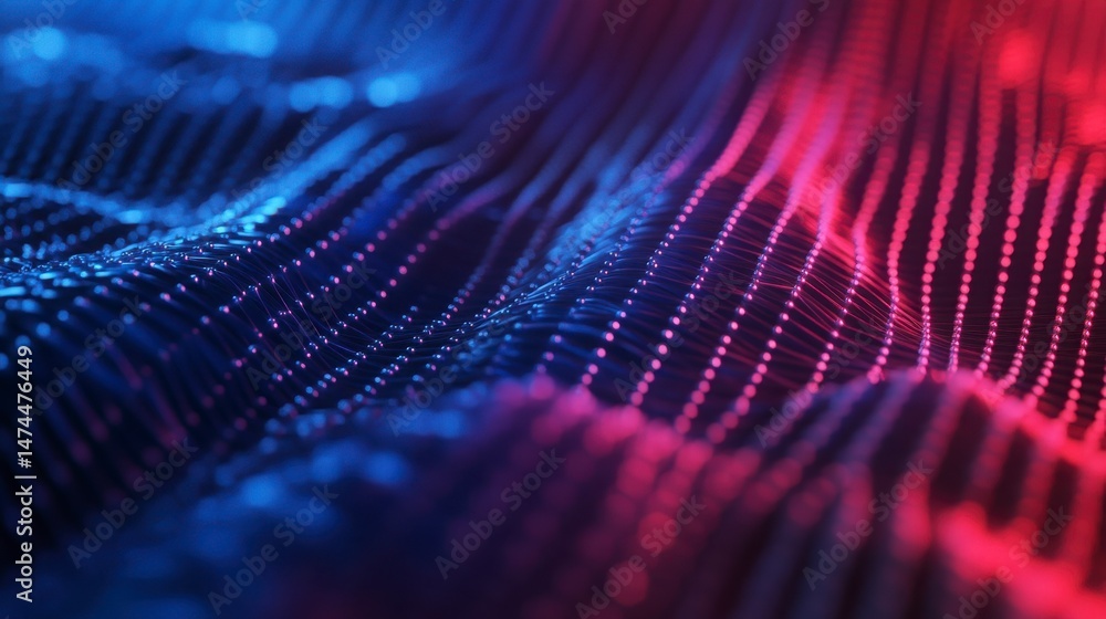 Poster abstract digital wave background with luminous blue and red particles