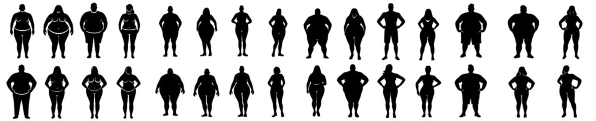 Stick figures of varying body types, including thin, normal, fat, and overweight, represent different proportions of human bodies and are classified as obese in modern icons isolated