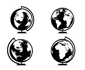 The modern isolated set includes an Earth globe represented by a 3D world map with silhouette continents and oceans
