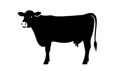 The modern illustration features a cow graphic icon shown as a black silhouette set against a white background