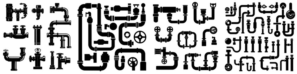 Modern isolated icons of steel pipe connectors, fittings, valves, and industrial plumbing for water and gas pipelines are illustrated in an industrial setting