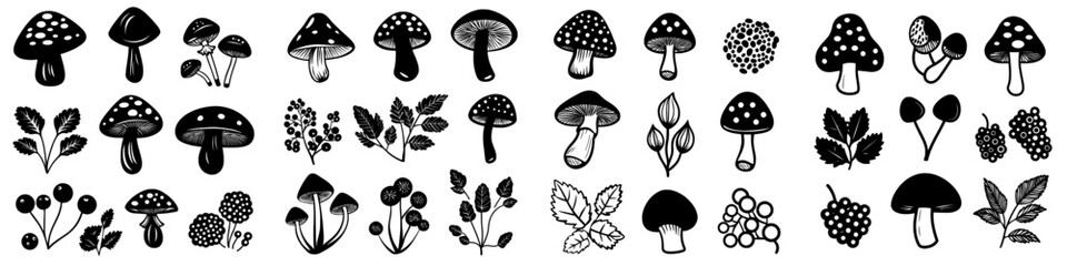 Modern illustration featuring autumn forest objects, including mushrooms and berries, as black silhouettes isolated on a white background