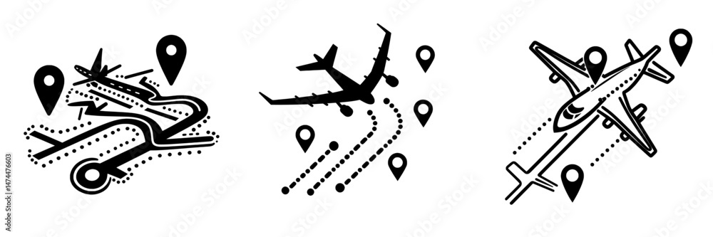Poster air travel routes are depicted by dashed lines connecting various points on a map, showcasing modern