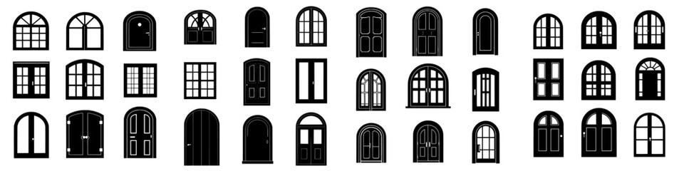 Modern icons set featuring open and closed door silhouettes isolated on white illustration