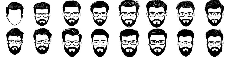 A modern illustration features a bearded hipster man shown in cartoon and silhouette form isolated on a white background