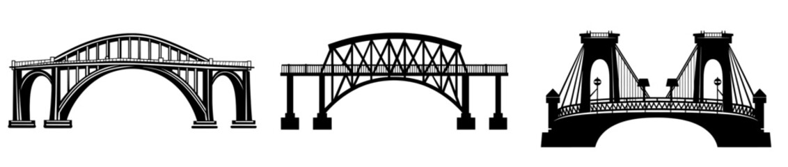 Obraz premium A collection of various bridges, depicted in isolation on a white backdrop, presented in a black and white color scheme, as part of a contemporary illustration