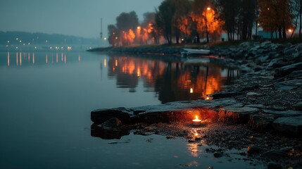 Dramatic forest fire reflected in the still waters of a tranquil lake casting an eerie glow over the atmospheric evening landscape