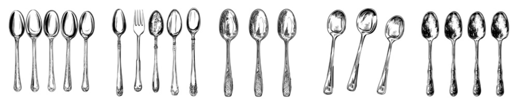 A realistic metal spoon is depicted as a 3D silver teaspoon isolated on white, accompanied by a stainless steel shiny tablespoon in a modern isometric set of table utensils featuring a realistic