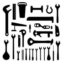 Icons of work tools in silhouette form include those for home repair, renovation, and remodeling, featuring handy instruments