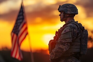 American Soldier in Uniform Standing by U.S. Flag at Sunset for Memorial Day Tribute