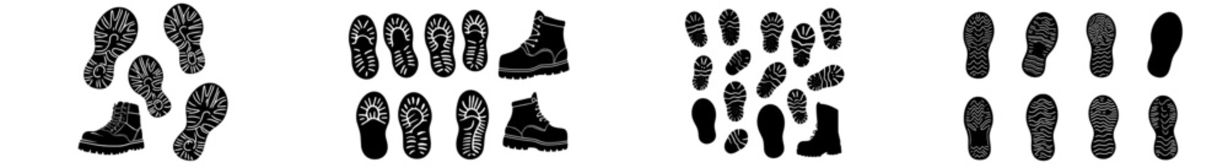 Footprints are shown in various forms, including barefoot, sneakers, and shoes with a grunge texture, as well as boot prints and modern foot silhouettes