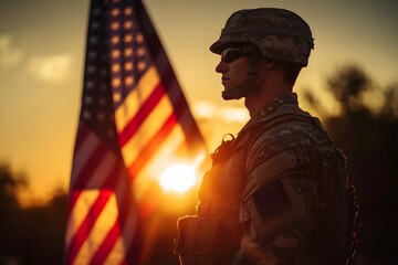 American Soldier in Uniform Standing by U.S. Flag at Sunset for Memorial Day Tribute
