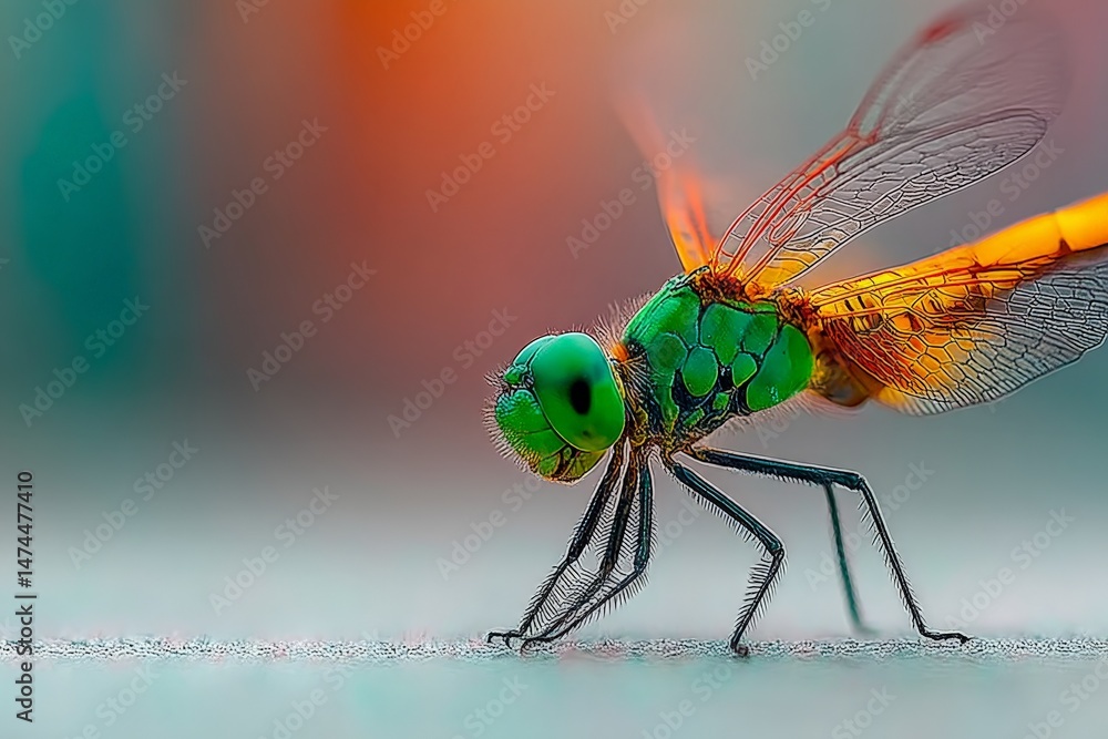 Aufkleber close-up of a vibrant green dragonfly resting on a surface in soft lighting during a calm summer day