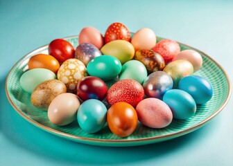 Colorful Easter Eggs on Blue Plate - Spring Holiday Festive Decoration Stock Photo