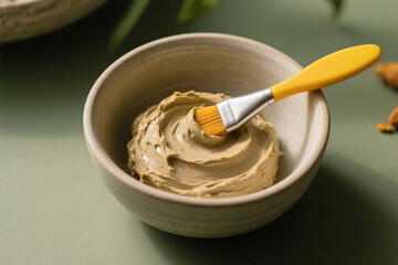 Clay and turmeric scalp mask with applicator brush in ceramic bowl, detoxifying hair care treatment for rejuvenating scalp and hair nourishment