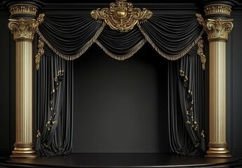 3D black stage with golden Baroque columns and curtains