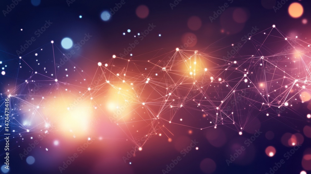 Poster abstract network connection glowing particles and lines in dark purple and blue background