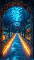 Naklejka premium Underwater tunnel with glowing pathway and vibrant coral reef creating serene atmosphere