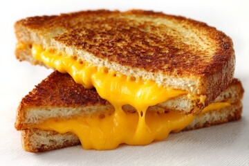 Deliciously melted cheese oozes from a perfectly toasted sandwich in a kitchen setting