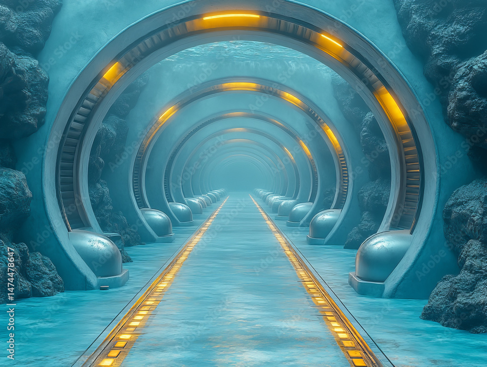 Poster underwater tunnel corridor with futuristic design and glowing lights creating mysterious