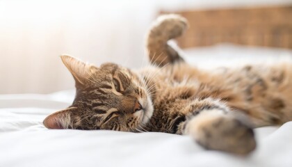 Adorable cat sleeping peacefully on a cozy bed, picture of comfort and relaxation