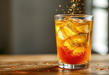 sparkling water infused with golden turmeric and ginger powder, glowing softly.