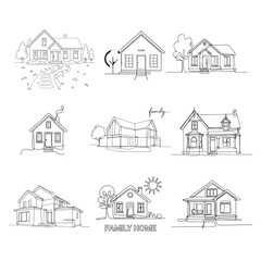 Silhouette of a Family house line art drawing style vector with white background
