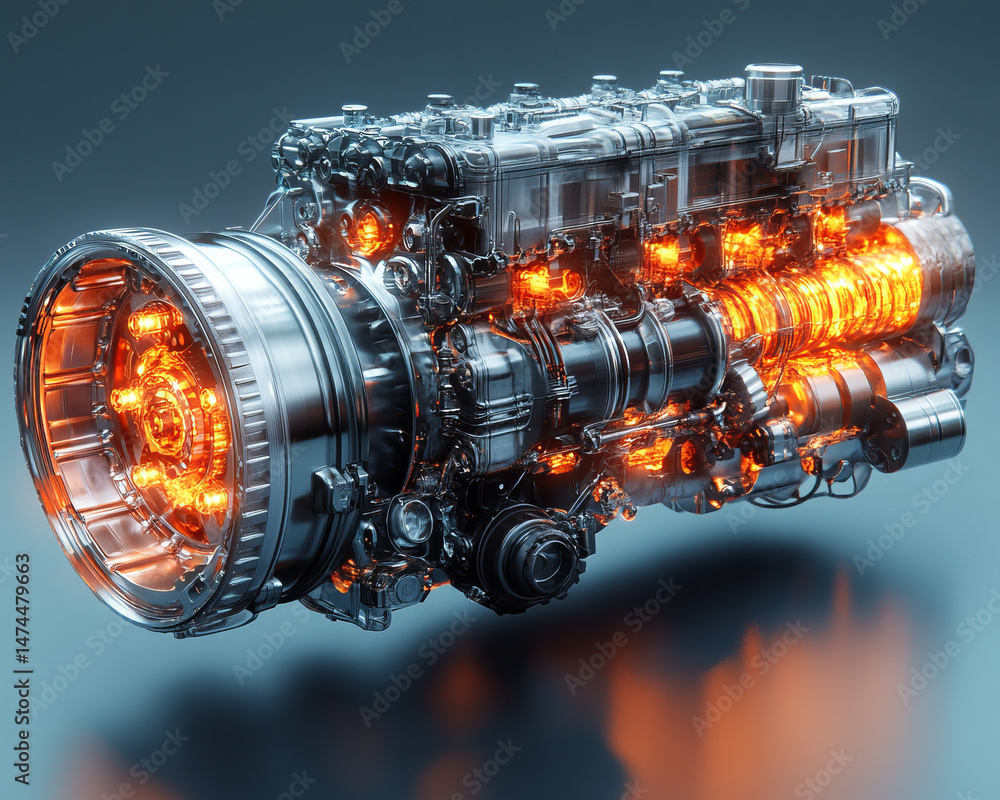 Poster welllit exploded view of highperformance combustion engine with glowing internal parts