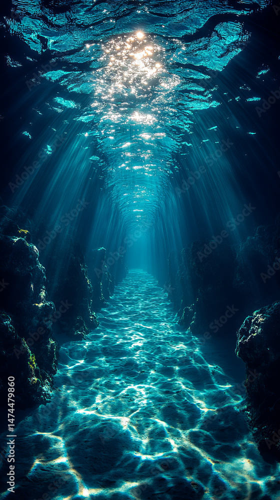 Poster underwater tunnel with sunlight rays creating magical blue glow and shimmering water patterns