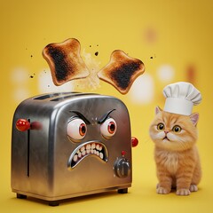 Oh no, burnt toast! An animated angry toaster shoots out charred bread while a sweet little ginger cat in a chef's hat watches the kitchen drama unfold.