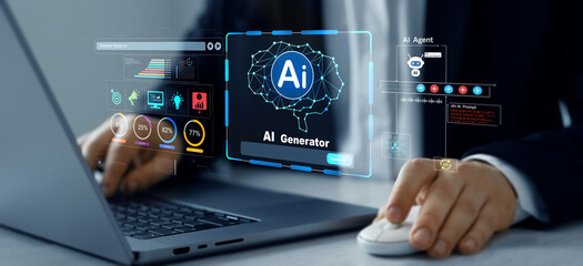 Person using laptop with Ai Content Generator.	Interaction with the Ai assistant to solve some...