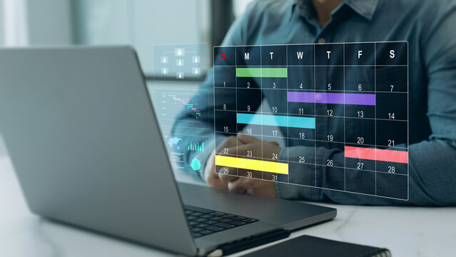 Managing a scheduled meeting.	
Businessman manages time to work efficiently and on time on all projects. Calendar work schedule, business plan concept.