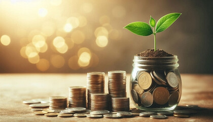 A small plant growing from a jar filled with coins symbolizes long-term investment and financial prosperity