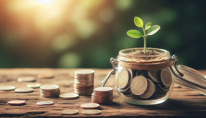 A small plant growing from a jar filled with coins symbolizes long-term investment and financial prosperity