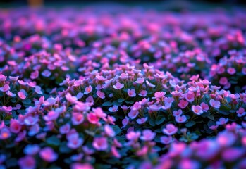 softly glowing field of clover like plants radiating pink and blue light