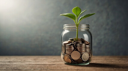 A small plant growing from a jar filled with coins symbolizes long-term investment and financial prosperity