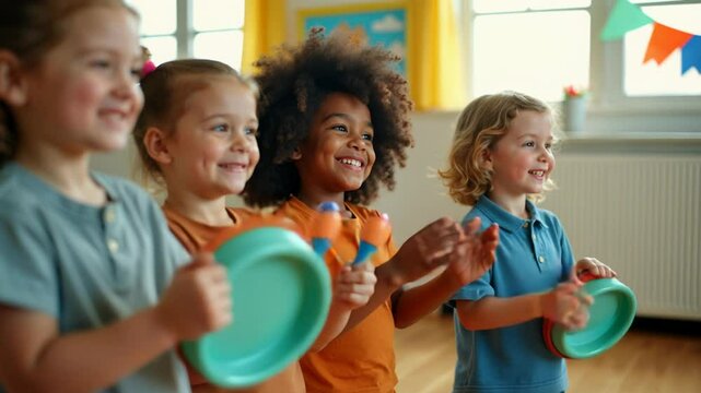 Children participate in joyful music activity with instruments and clapping in classroom setting