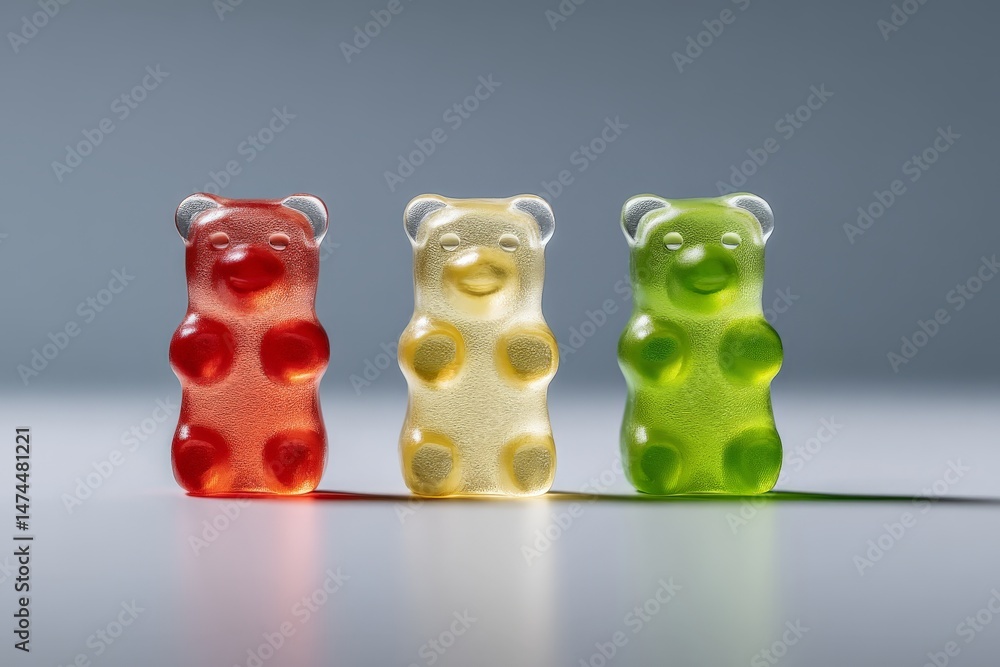 Poster Colorful gummy bears arranged in a row with distinct shapes and flavors against a simple background