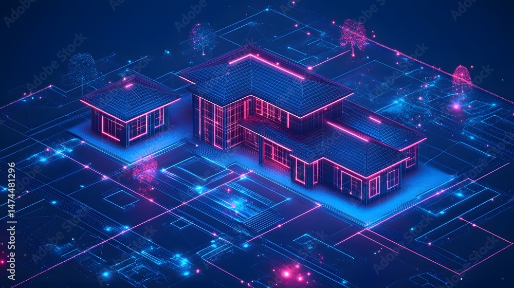 Aufkleber Futuristic neon property rendering. Main house and secondary building glow with pink outlines on a circuit board. Abstract wireframe in dark blue. Windows and details highlighted.