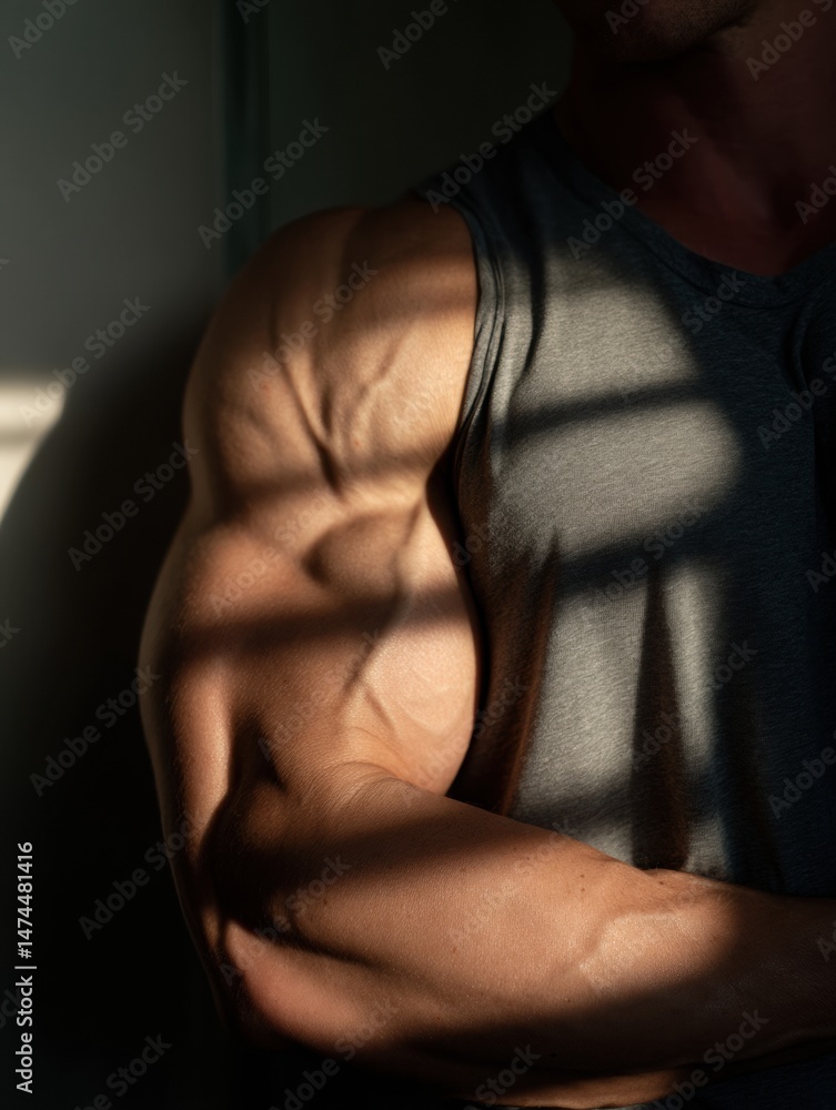 Poster arm muscles highlighted in shadow during intense strength training session in a gym environment