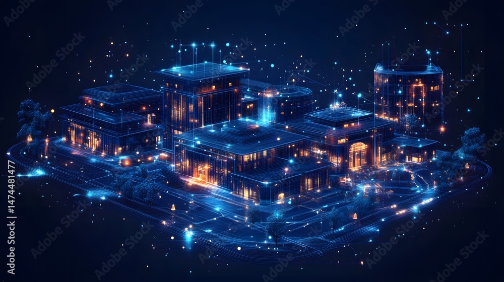 Poster Futuristic cityscape with illuminated wireframe buildings and networked data flow. A stylized, abstract representation of urban technology with an Abstract wireframe in dark blue.