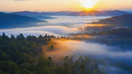 Fototapeta premium Scenic sunrise over misty mountain range with lush green forest