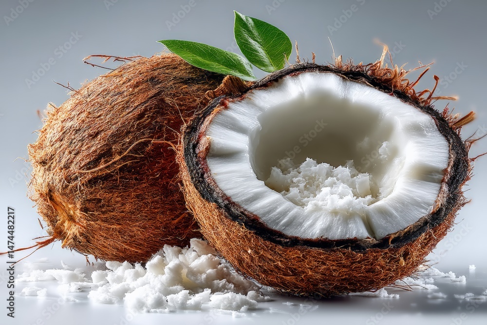 Poster coconuts split open revealing fresh white flesh and shredded coconut flakes on a light background